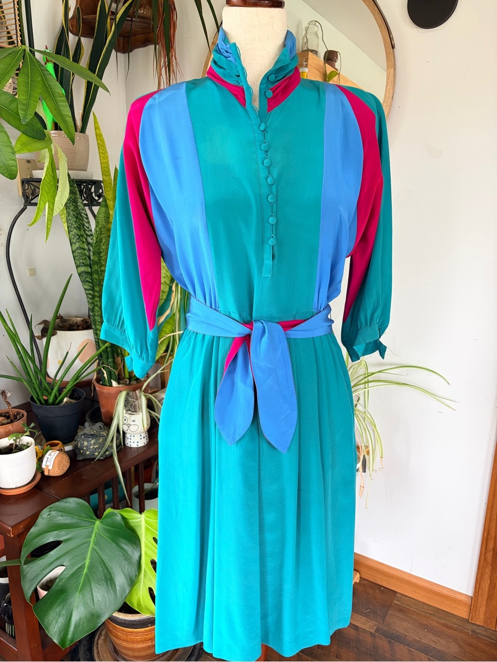 Vintage Pat Argenti 100% Silk Colorblock Dress Midi Size 4 Whimsigoth Retro 80s⁠